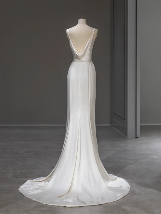 Chic Mermaid Cowl Neck Satin White Long Summer Bridal Gown Wedding Dresses RB4001
