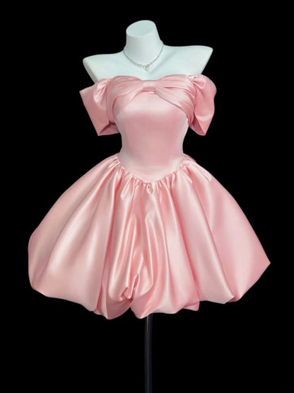 Cute Ball Gown Off The Shoulder Blue Satin Short Cocktail Gown Homecoming Dresses Ideas Hoco Outfit RB5451