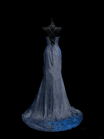 Robe de bal longue sirène élégante à fines bretelles, fente bleu marine et sequins - Robe de soirée formelle - Vestidos De Dia AB615