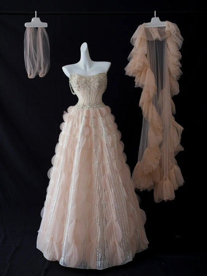 Belles Robes de Bal de Promo Robe de Bal Cœur en Tulle Rose Poudré avec Perles Robe de Soirée Longue N2925