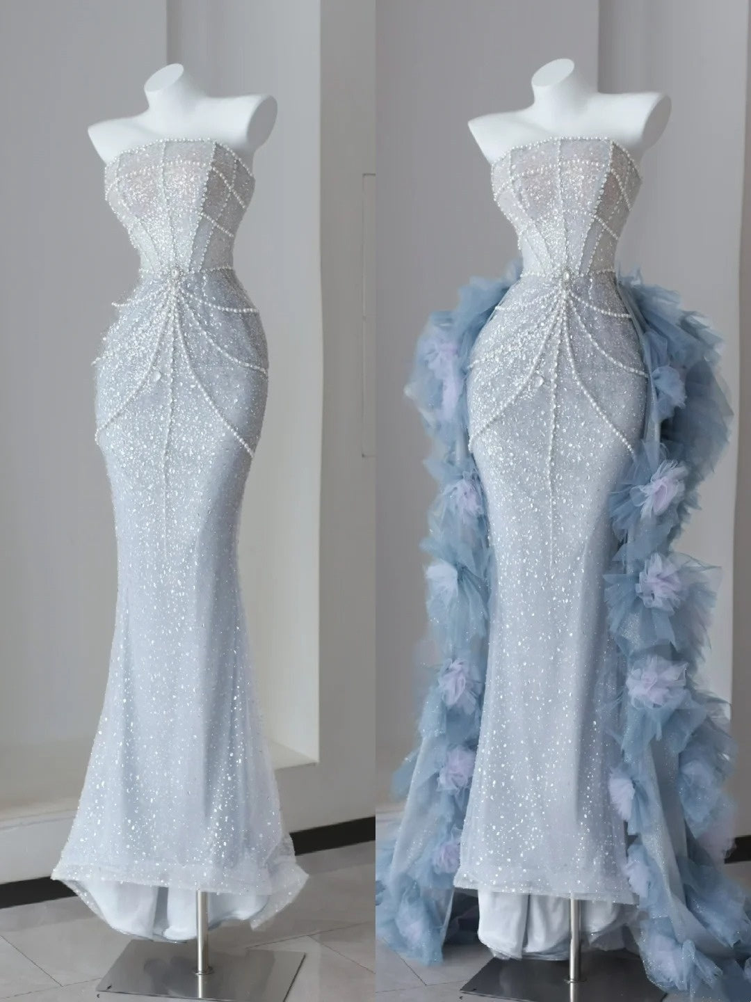 Sparkly Prom Dresses Mermaid Strapless Light Sky Blue Sequined With Beading Long Formal Gown N2921