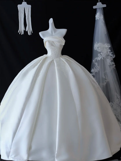 Simple Wedding Dresses Ball Gown Strapless Satin With Lace White Long Brides Dress Bridal Gown N2950