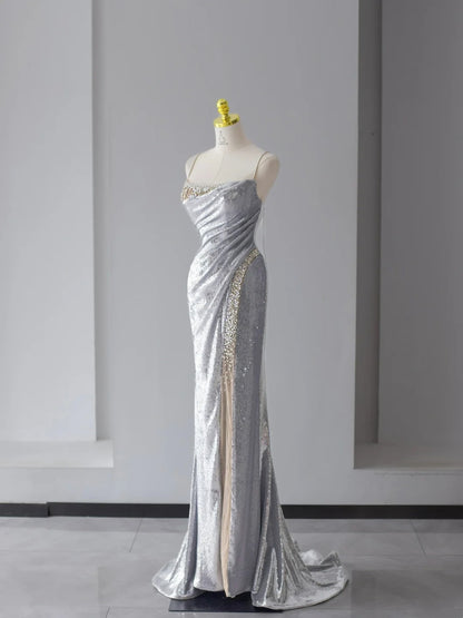 Sparkly Prom Dresses Mermaid Spaghetti Strap Silver Gray Sequined With Beading Slit Long Formal Gown N2922