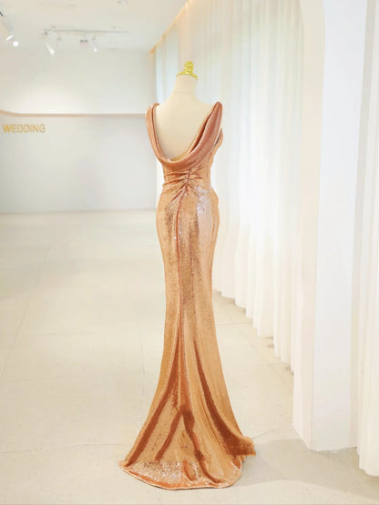 Belles robes de bal sirène dorées à sequins avec longue robe de soirée plissée N2935