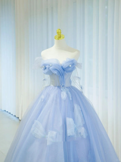 Pretty Prom Dresses Ball Gown Off The Shoulder Blue Tulle With Ruffle Long Formal Gown N2936