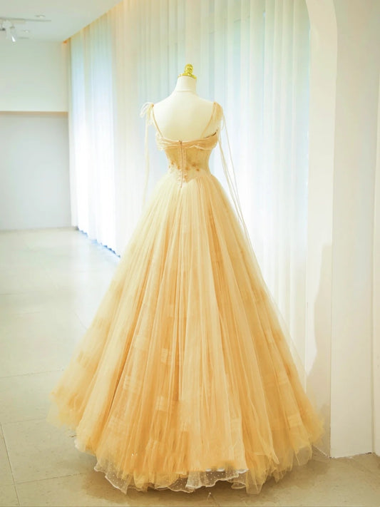 Wunderschöne Abschlussballkleider Ballkleid Spaghetti-Träger Gelber Tüll mit Perlen Lange formelle Robe N2932
