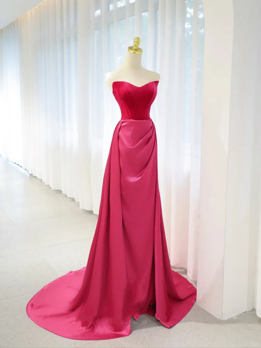 Belles robes de bal sirène bustier en satin rose vif avec longue robe de soirée plissée N2934