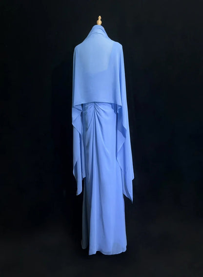 Vintage-Abschlussballkleider A-Linie Off Shoulder Blau Chiffon mit Perlenumhang 1970er Langes Abendkleid N2612