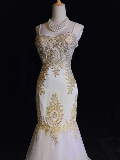 Vintage Prom Dresses Inspo Mermaid Spaghetti Strap White With Gold Lace For Women Formal Dress N3221