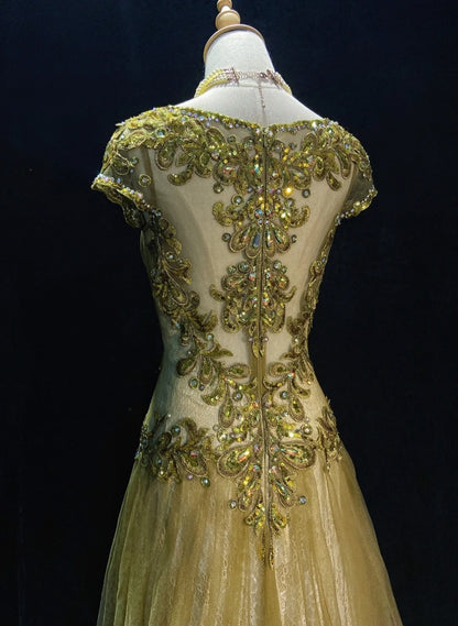 Vintage Abschlussballkleider 90er Meerjungfrau Schmuckausschnitt Goldtüll Mit Perlen Lang Halbformelles Abendkleid N3674