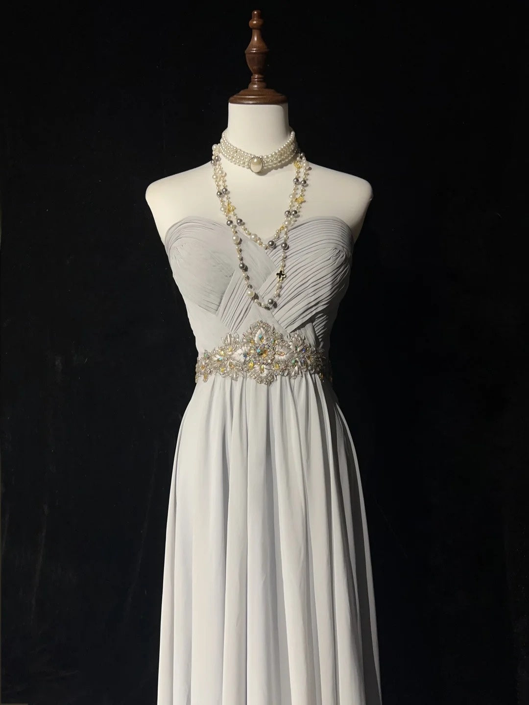 Robes de bal vintage en mousseline de soie grise sans bretelles coupe trapèze avec corsage perlé sans manches années 90 longue robe de soirée formelle N2636