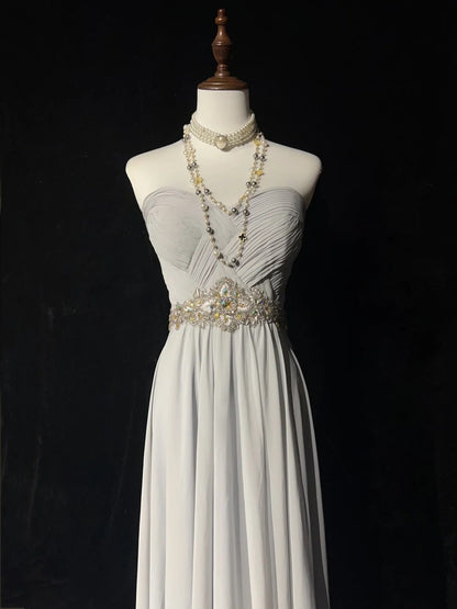 Robes de bal vintage en mousseline de soie grise sans bretelles coupe trapèze avec corsage perlé sans manches années 90 longue robe de soirée formelle N2636