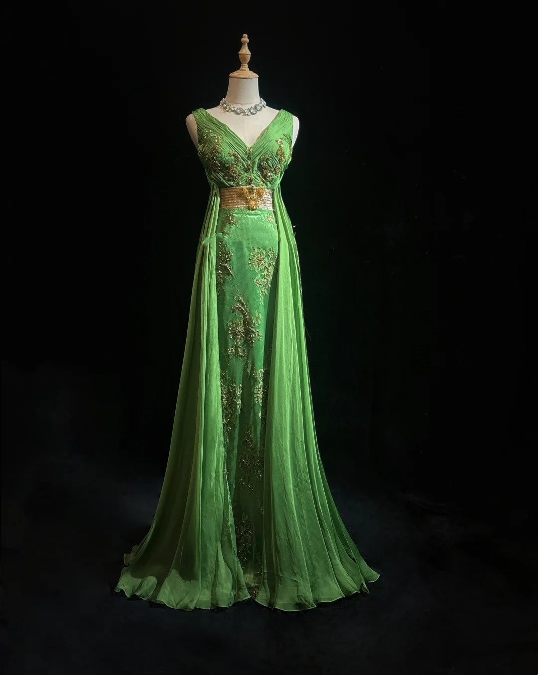 Vintage Prom Dresses Mermaid V Neck Chiffon Green With Beaded Appliqued 80s Long Formal Gown N2732