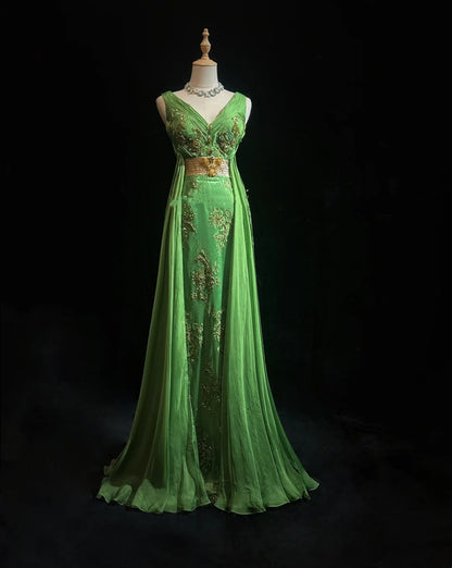 Vintage Prom Dresses Mermaid V Neck Chiffon Green With Beaded Appliqued 80s Long Formal Gown N2732