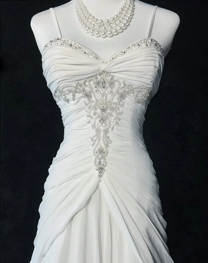 Robes de Mariée Intemporelles Sirène Bretelles Spaghetti Mousseline Blanche avec Écharpe Longue Robe de Mariée N3063