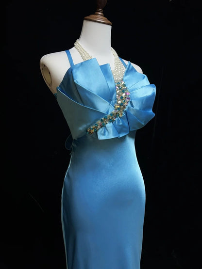 Élégantes robes de bal sirène licou longueur ras du sol Tiffany Blue Satin Robe de soirée formelle N3698