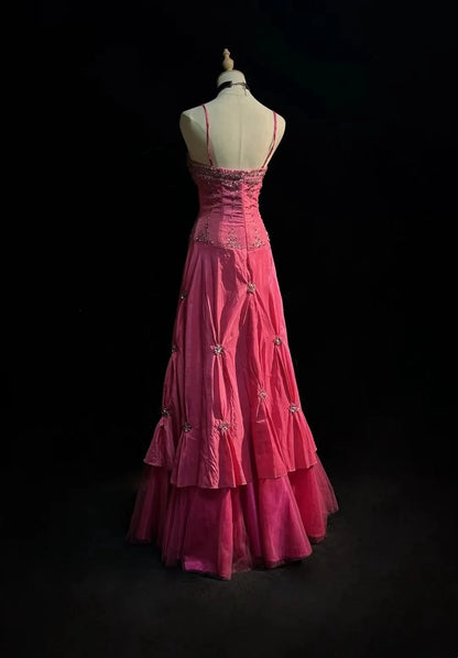 Robes de bal vintage en taffetas rose à bretelles spaghetti, avec perles argentées, années 1950, robe longue de soirée N2595