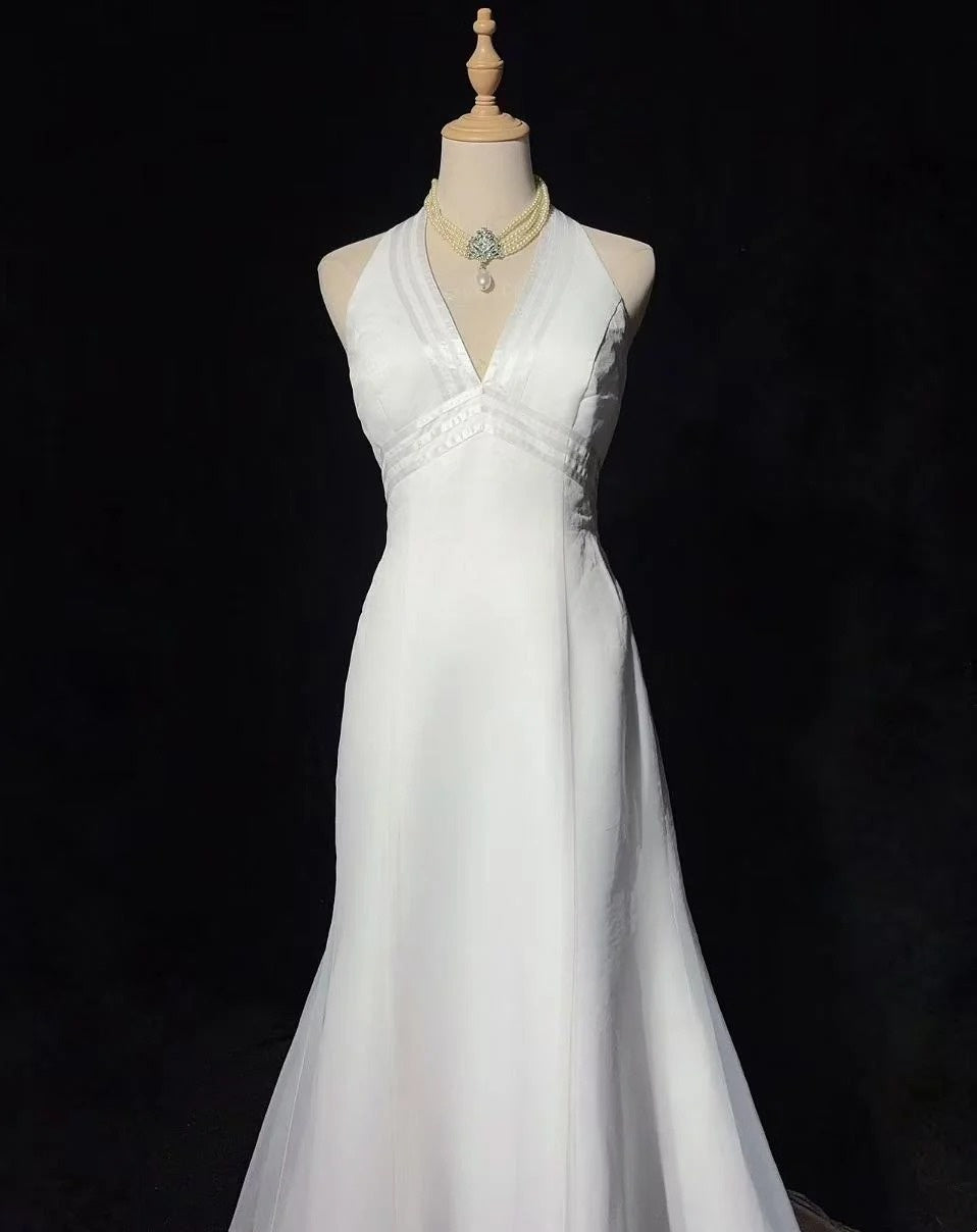 Vintage 20er Brautkleider Meerjungfrau Neckholder Weiß Schlicht Sommer Garten Langes Brautkleid N3702