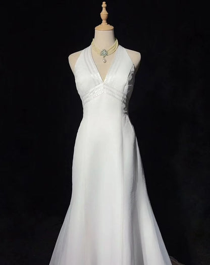Vintage 20er Brautkleider Meerjungfrau Neckholder Weiß Schlicht Sommer Garten Langes Brautkleid N3702
