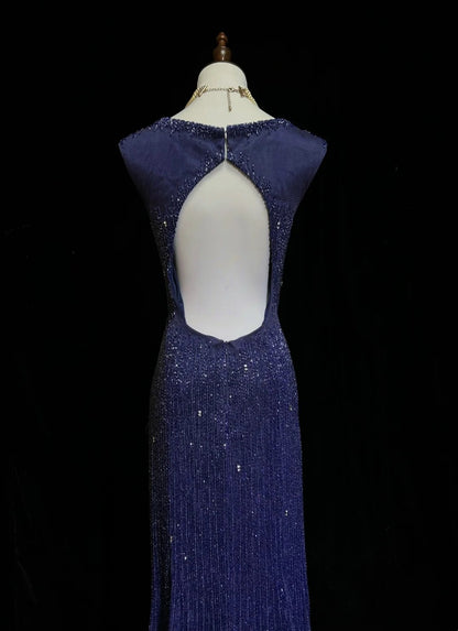 Robes de bal vintage sirène col en V bleu royal années 90 avec perles dos nu longue robe de soirée formelle N2505