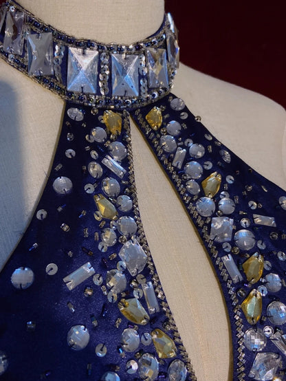 Vintage Prom Dresses 90s Mermaid High Neck Royal Blue Satin Backless Silver Beading Long Semi Formal Evening Dress N3673