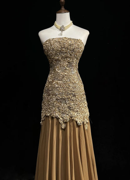 Vintage Abiballkleider 1960er Meerjungfrau Trägerlos Gold Spitze Lang Abiballkleid N3103