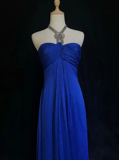 Robes de bal vintage en mousseline de soie bleu roi coupe trapèze à col américain avec perles, longue robe de soirée des années 90 N2903