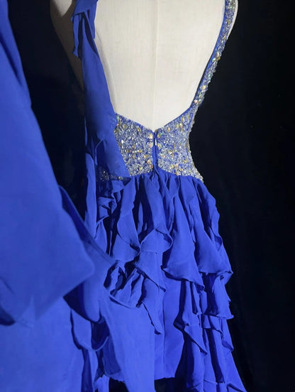 Robes de bal élégantes coupe trapèze asymétriques, une épaule, en mousseline bleu roi avec perles, sans manches, longue robe de soirée N2881