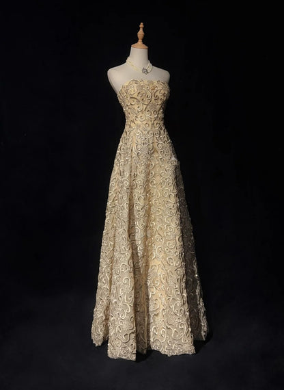 Robes de bal vintage en dentelle dorée sans bretelles sans manches des années 1990, longue robe de soirée formelle N2639
