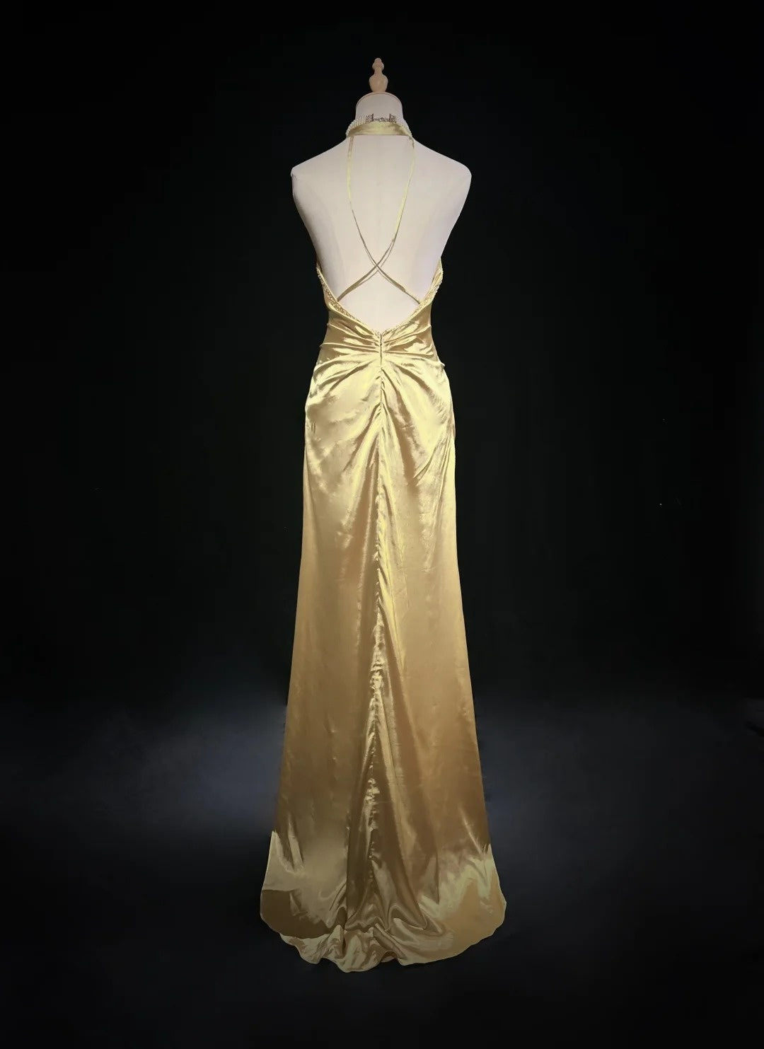 Vintage High Low 2000er A-Linie Neckholder Gold Mit Falten Formales Kleid Lange Ballkleider N2585