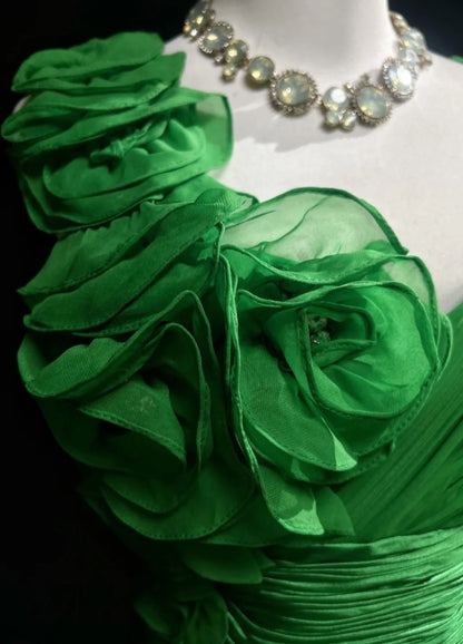 Vintage Prom Dresses 1960s A line Spaghetti Strap Green Chiffon With Flowers Sleeveless Prom Dresses Evening Formal Outfits RB5131