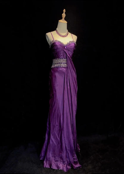 Vintage Abschlussballkleider Spaghetti-Träger Meerjungfrau Lila Chiffon mit Perlenbesatz Lange formelle Abendkleider N3866