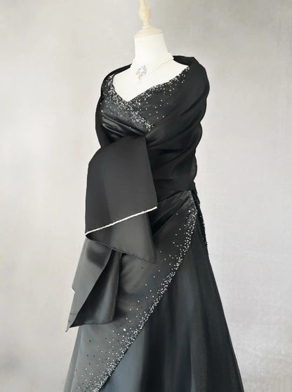 Robes de bal vintage des années 90 Col en V Noir avec perles argentées Robe de soirée longue N3022
