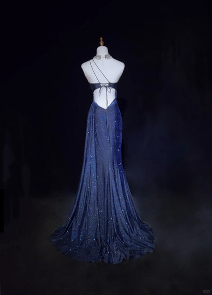 Robes de Bal Vintage Années 90 Sirène Asymétrique Bleu Marine Pailletée Dos Nu Longues Tenues de Soirée N3140