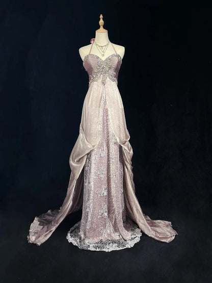 Vintage Ballkleid-Ästhetik A-Linie Neckholder Hellrosa Chiffon mit Perlenbesatz Langes Abendkleid N3034