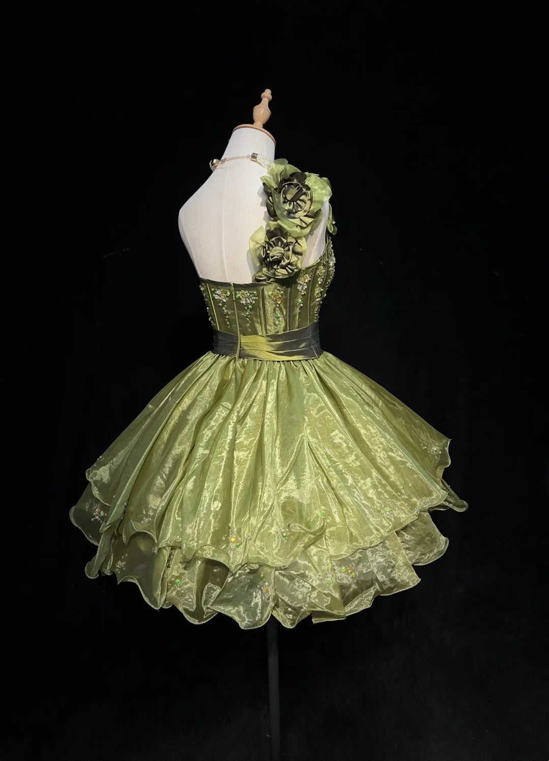Hübsches Ballkleid One Shoulder Olivgrün Organza Kurz Mini Homecoming Kleider Hoco Kleider N2835