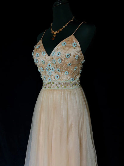 Vintage-Abschlussballkleider 80er Jahre A-Linie Spaghettiträger Champagner-Tüll Lang Halbformelle Abendkleider N3649
