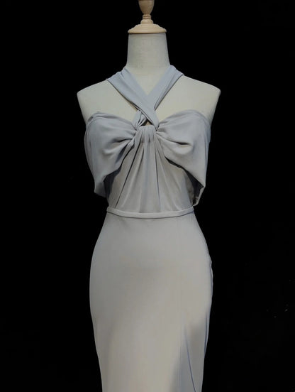 Vintage-Ballkleider Inspo Meerjungfrau Neckholder Grau Lang 1990er Mit Falten Abendkleider N3325