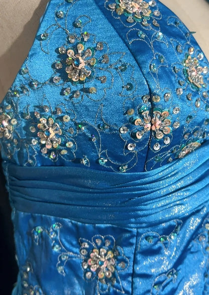 Vintage Abschlussballkleider Meerjungfrau Spaghettiträger Blau Satin 1990er Jahre Langes formelles Abendkleid N2645