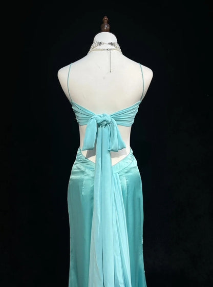 Elegante Abschlussballkleider Meerjungfrau Spaghettiträger Rückenfrei Tiffany-Blau Chiffon Mit Perlen Lang Formelle Abendgarderobe N3708