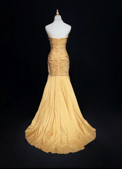 Vintage Prom Dresses Mermaid Spaghetti Strap Gold Satin With Beads Appliques Floor Length 80s Formal Gown N2584