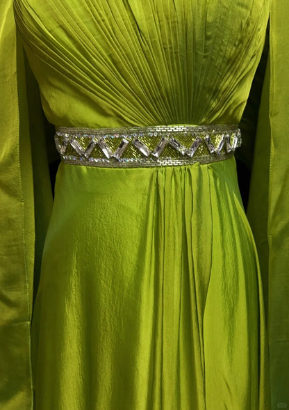 Vintage 90er Abschlussballkleider A-Linie Trägerlos Grün Chiffon Mit Plissiertem Umhang Formelle Abendkleidung N3852