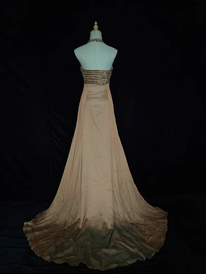 Vintage Abschlussballkleider 80er A-Linie Neckholder Braun Chiffon mit Perlenverzierung Semi-formelle Abendgarderobe N3633