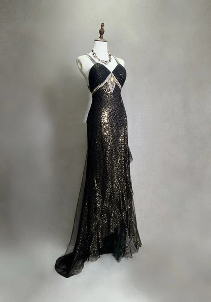 Vintage Abschlussballkleider Meerjungfrau Neckholder Schwarz Pailletten 70er Jahre mit Perlen Bestickt Rückenfrei Langes Abendkleid N2518