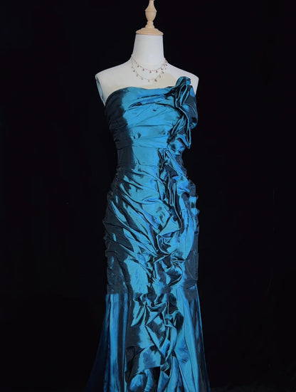 Belles Robes de Bal Sirène Bustier Bleu avec Corsage Volanté Longues Tenues de Soirée N3358