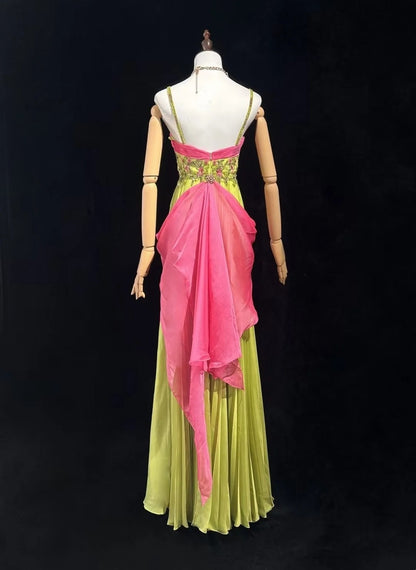 Robes de bal vintage Trapèze Bretelles fines Mousseline rose et verte avec perles Robe de soirée longue années 60 N2610