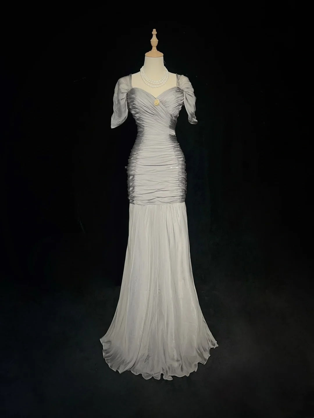 Robes de bal sirène modestes, en mousseline de soie grise avec manches, épaules dénudées, robe de soirée formelle N3847