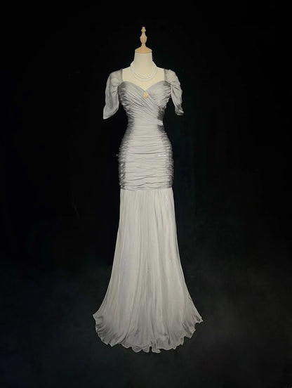 Robes de bal sirène modestes, en mousseline de soie grise avec manches, épaules dénudées, robe de soirée formelle N3847