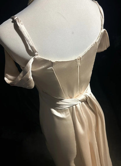 Robes de bal vintage des années 80 sirène à fines bretelles en satin couleur champagne, robes de soirée longues N3458