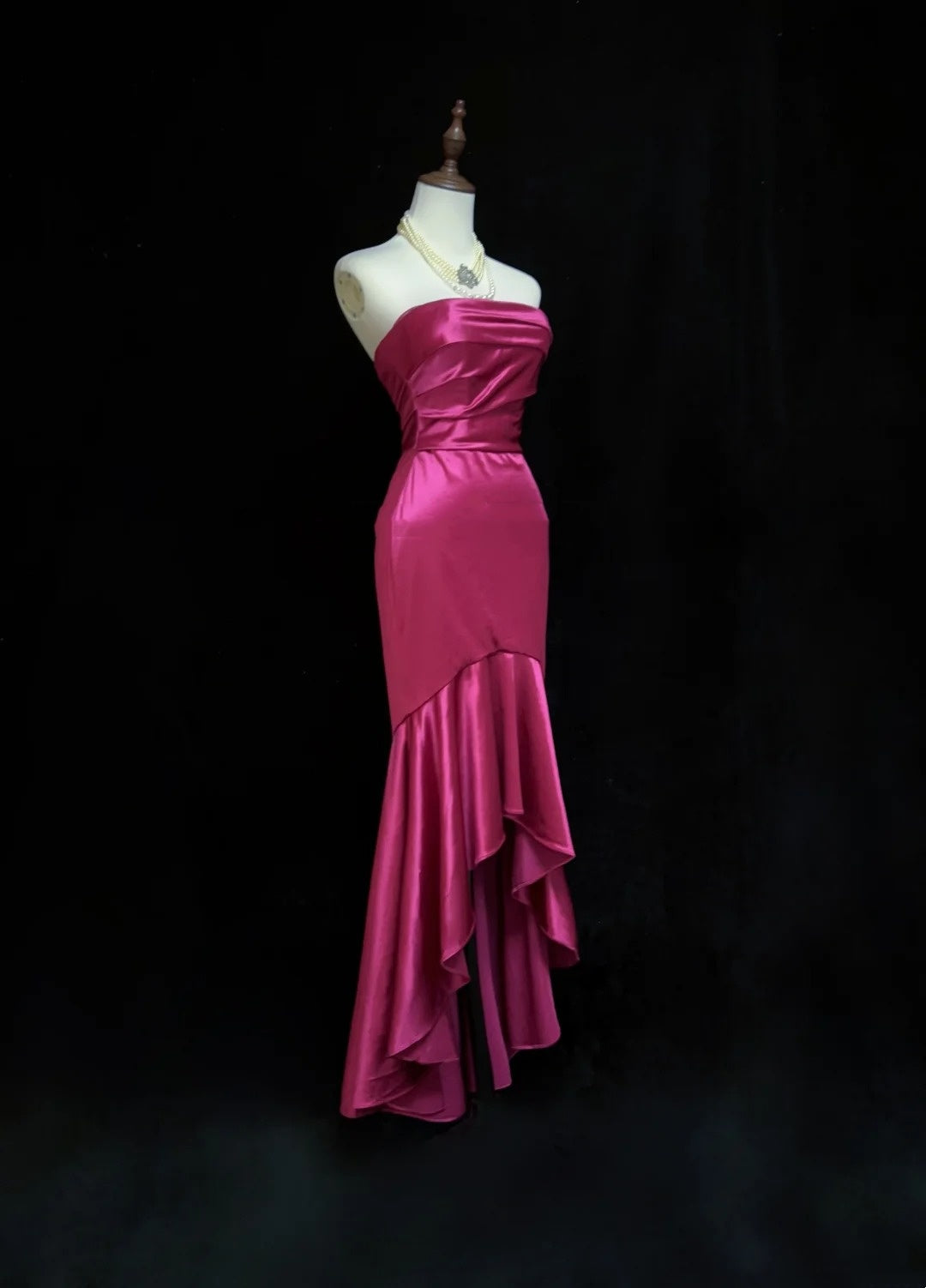 Vintage Prom Dresses Mermaid Strapless Fuchsia Satin High Low 1990s Formal Evening Gown N2650